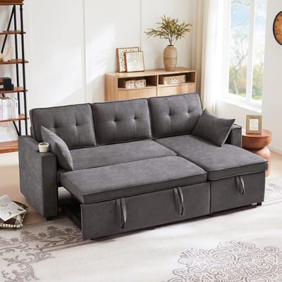 Slaapbank met Slaapfunctie, 3-Zits Bank, L-vormige Bank, Modern Design, Gestoffeerde Meubels, Bank, Fauteuil met Opbergruimte, met Bekerhouder, Slaapbank voor de Woonkamer, Links en Rechts Verwisselbaar-Grijs