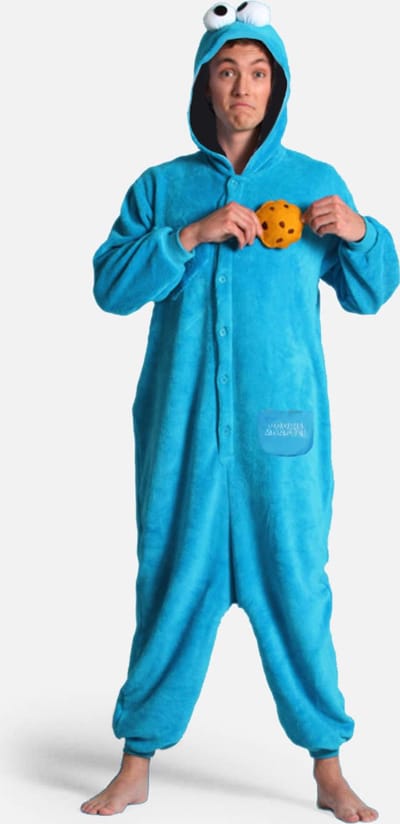 KIMU® Onesie Koekiemonster Pak - Maat L-XL - Koekiemonsterpak Kostuum Blauw Sesamstraat - Pyjama Huispak Jumpsuit Dames Heren Muppets Fleece Festival