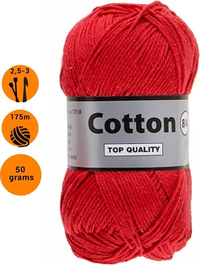 Lammy Yarns Cotton eight 8/4 - Rood katoen garen - 50 gram - 2,5 a 3mm pendikte