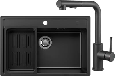 Anycee Max Spoelbak voor keuken 70x46CM - Granieten Spoelbakken Met Keukenkraan Met Uittrekbare Uitloop - Spoelbak Keuken Zwart - Spoelbak met Afdruiprek