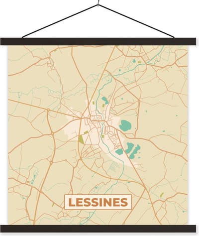 Posterhanger incl. Poster 60x60 cm - Schoolplaat - Vintage - Lessines - Stadskaart - Plattegrond - Kaart - Textielposter - Zwarte latten - Stadskaart