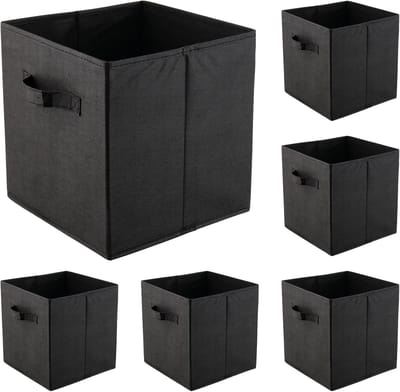 Famanu – Zwarte opvouwbare opbergkubussen - 27 x 27 x 28 cm - stoffen kubus opbergdozen met handvat - vierkante stoffen kartonnen opbergdozen voor planken