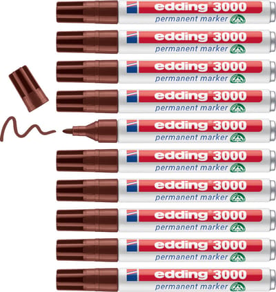 edding 3000 permanent marker - bruin - 10 stiften - ronde punt 1,5-3 mm - sneldrogende permanent marker - water- en wrijfvast - voor karton, kunststof, hout, metaal - universele marker