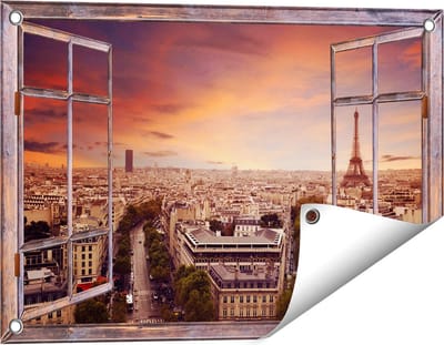Gards Tuinposter Doorkijk Skyline Parijs met Eiffeltoren - 60x40 cm - Tuindoek - Tuindecoratie - Wanddecoratie buiten - Tuinschilderij