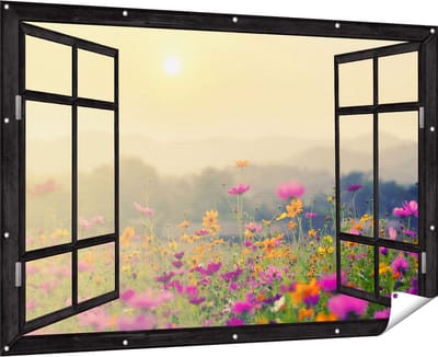 Gards Tuinposter Doorkijk Bloemenveld met Kosmos - Zonsondergang - 180x120 cm - Tuindoek - Tuindecoratie - Wanddecoratie buiten - Tuinschilderij