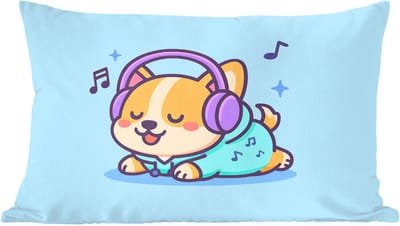 Sierkussens - Kussentjes Woonkamer - 60x40 cm - Corgi - Koptelefoon - Blauw - Muzieknoten