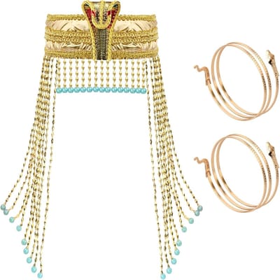 Egyptische Kostuumaccessoires met Hoofdband en 2 Metalen Slangmanchetten voor Vrouwen - Vintage Stijl voor Halloween en Schoolfeesten, Verpakking van 3