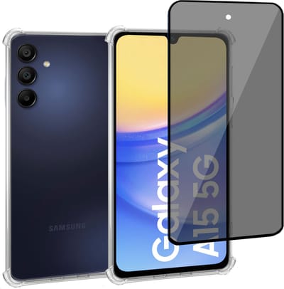 Geschikt voor Samsung Galaxy A15 - Hoesje + Privacy Screenprotector – Privé - Gehard Glas Cover