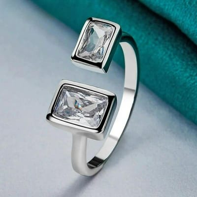 Bague Ouverte Carrée Double Zircon Couleur Argent pour Femmes Fête de Mariage Bijou Charme gray