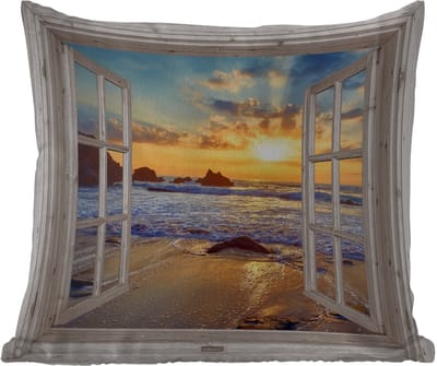 Sierkussen Buiten - Strand - Doorkijk - Zonsondergang - Landschap - Zee - Natuur - 60x60 cm - Weerbestendig