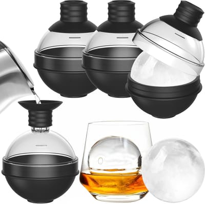 VHV-Siliconen Ijsblokjesvorm met Deksel - Grote Ronde Ijsblokjesmaker voor en Cocktails - Set van 4 XL Ijsballen van 6 cm - Gemakkelijk Uitneembaar en Lekvrij met Geïntegreerde Trechter - Zwart