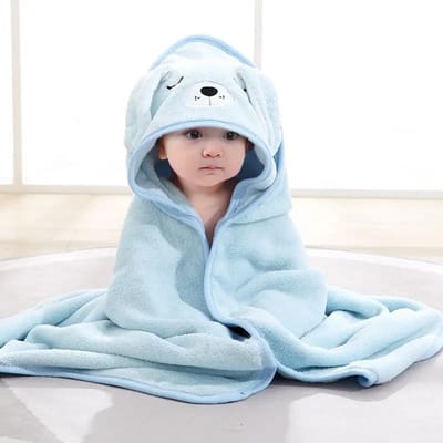 Ultra-zachte baby badcape met blauw hondensnoetje - Omslagdoek 80x80cm - Baby fleecedeken - Kraamcadeau