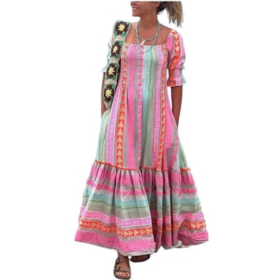 Lente Zomer Damesjurk Vierkante Hals Geometrische Print Boheemse Stijl Geplooide Patchwork Halve Mouwen Vakantie Strand Maxijurk S