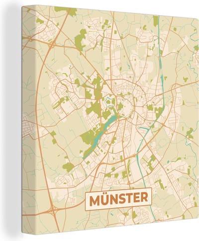 Canvas Schilderij Plattegrond - Münster - Vintage - Kaart - Stadskaart - 20x20 cm - Wanddecoratie