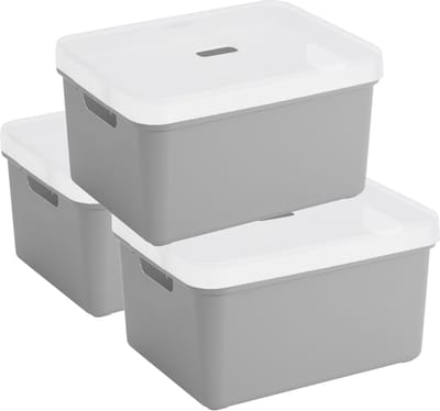 Sunware opbergbox - 3x stuks - 32 liter - lichtgrijs - kunststof - transparante deksel - 45x35x24 cm - Sigma serie