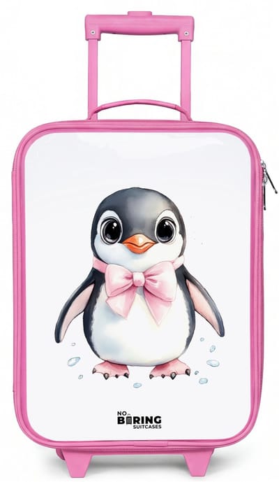 NoBoringSuitcases.com® - Kinderkoffer roze - Kindertrolley meisje - Pinguïn met roze strik en ijsdruppels - Koffer kind lichtgewicht - Reiskoffer trolley voor kinderen - Koffertje met lichtgevende wieltjes - Rolkoffer