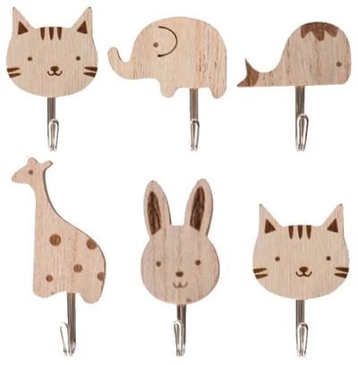Houten Dieren muurhaken set van 6 stuks – zelfklevende haken zonder boren – Wandhaken met sterke plak – schattige dieren voor babykamer & kinderkamer decoratie - Wand kapstok
