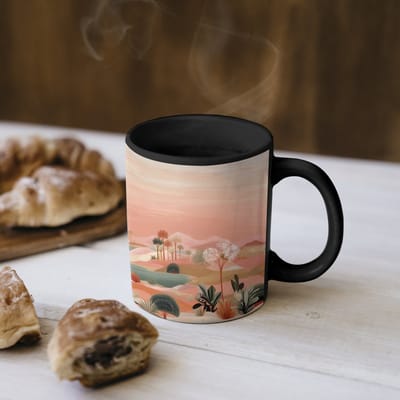 Magische Mok - Foto op Warmte Mokken - Koffiemok - Roze landschap - Palmen - Water - Magic Mok - Beker - 350 ML - Theemok
