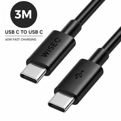 USB C snellader kabel 3 m USB C naar USB C datakabel – 60W - Oplaadkabel geschikt voor Samsung en iPhone - zwart – WiseQ