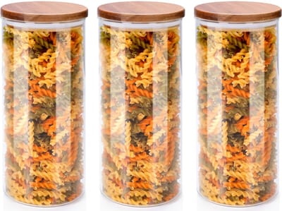 Voorraadpot/bewaarpot Foodking - 3x - borosilicaat glas - 1250 ml - glas/hout - D9.5 x H21 cm - voedsel bewaren