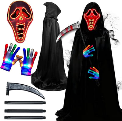 Grimmige Doodskleed, Halloween Kostuum met LED Schreeuwmasker, Zwarte Kaap, Sikkel en Glanzende Handschoenen voor Cosplay en Carnaval