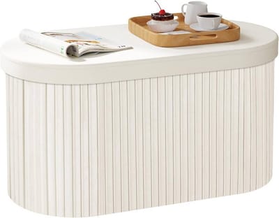 BukkitBow - Ronde/Ovale Compacte Opbergpoef – Poef / Zitkist met Deskel - Opvouwbare Ovale Poef - Voetenbank met Opbergruimte - 76x38x38 cm - Crème / Wit
