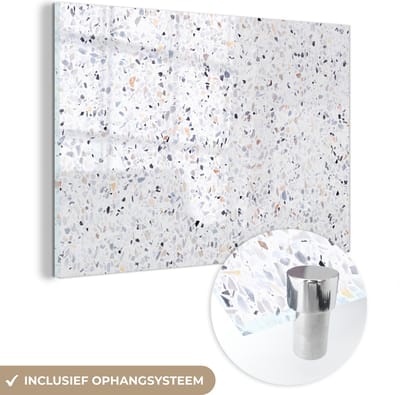 MuchoWow® Glasschilderij 150x100 cm - Schilderij acrylglas - Graniet - Structuur - Design - Wit - Foto op glas - Schilderijen