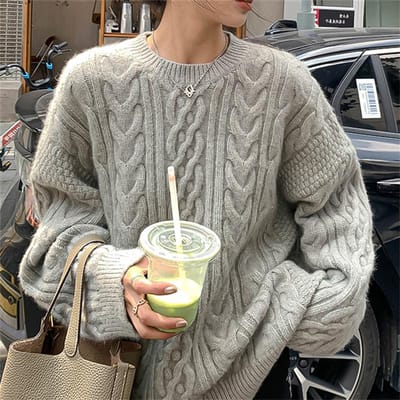 Pull Vintage Torsades de Pâte Frite Vêtement Femme Blouse Tricot Lâche Automne et Hiver One size grise