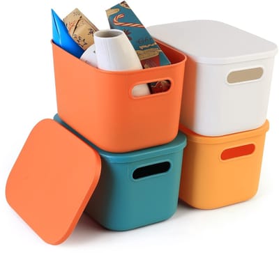 Cosensi- Opbergdozen - 4 Stuks - Stapelbare Plastic Opbergdozen met Deksel - Duurzaam en Schokbestendig - Voor Keuken/Badkamer/Slaapkamer - 9,65 x 6,89 cm - Opbergmanden