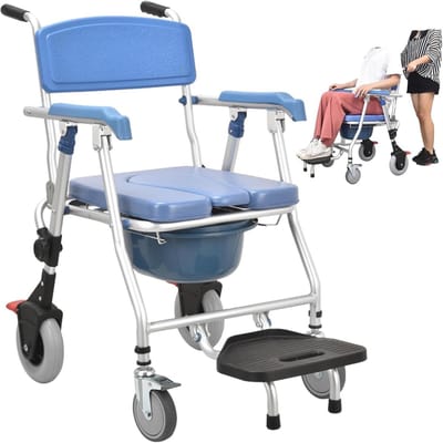 Toiletstoel met wielen - Draagbare commode - Veilige mobiliteit - 150 kg capaciteit - Verstelbare hoogte - Grijs