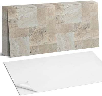 Coloray Plaktegels - Steen mozaïekpatroon Zelfklevende Wandtegels - 40 cm x 20 cm - Beige Plaktegels - 10 stuks - Rechthoek PVC Tegels - Plaktegels Badkamer - Vloertegels Zelfklevend - Vinyl Tegels Zelfklevend - Portugese Tegels