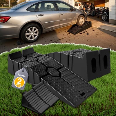 Froadp 2er Auffahrrampe +2er Unterlegkeile, PPKunststoff, Rutschfeste Fahrzeugrampe (Paar 5T Tragfähigkeit) & Mit Griff Radkeile Set Für PKW, Wohnmobil, Anhänger - Schwarze Radstopper+Schwarze Rampe