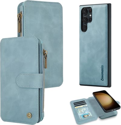 Casemania Hoesje Geschikt voor Samsung Galaxy S25 Ultra - Aqua Blue - 2 in 1 Magnetic Book Case met Rits