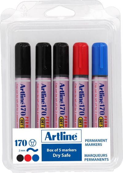 Artline 170 Drysafe Permanent Marker - Set 5 Stuks - Kogelpunt 2,0mm - Watervast & Wrijfvast - Zwart, Blauw & Rood