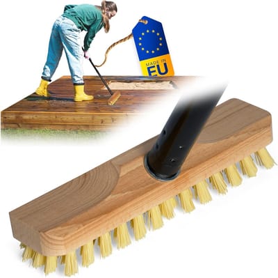Houten schrobber met borstelharen, wisser met schroefdraad en schroefgreep, vierdelige schrobborstel PPN vloerborstel, ideaal voor het reinigen van balkons, terrassen, tuinen, binnen- en buitenruimtes.