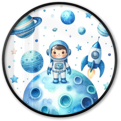 Poster in lijst Rond - Fotolijst 60x60 cm - Posters - Ruimte - Blauw - Astronaut - Sterren - Planeten - Ronde posterlijst zwart - Decoratie - Wanddecoratie woonkamer - Muurdecoratie slaapkamer