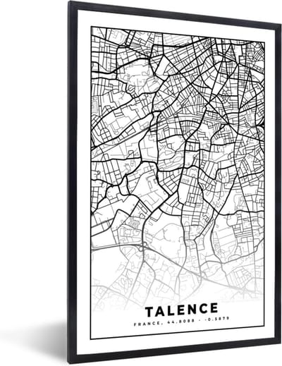 Fotolijst incl. Poster Zwart Wit- Talence - Kaart - Plattegrond - Frankrijk - Stadskaart - Zwart wit - 40x60 cm - Posterlijst