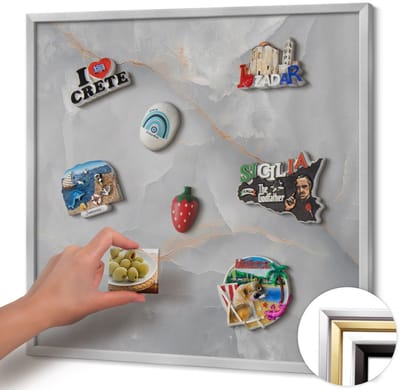 Wallfluent - Grijs Magneetbord met Patronen - 50 cm x 50 cm - Magneetbord met Zilveren Frame - Elegant decoratief marmer - Memobord voor Keuken - Magnetisch Bord Kindvriendelijk - Magnetisch Wandbord