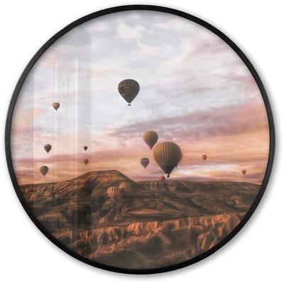 Poster in lijst Rond - Fotolijst 60x60 cm - Posters - Landschap - Luchtballon - Bergen - Bruin - Ronde posterlijst zwart - Decoratie - Wanddecoratie woonkamer - Muurdecoratie slaapkamer