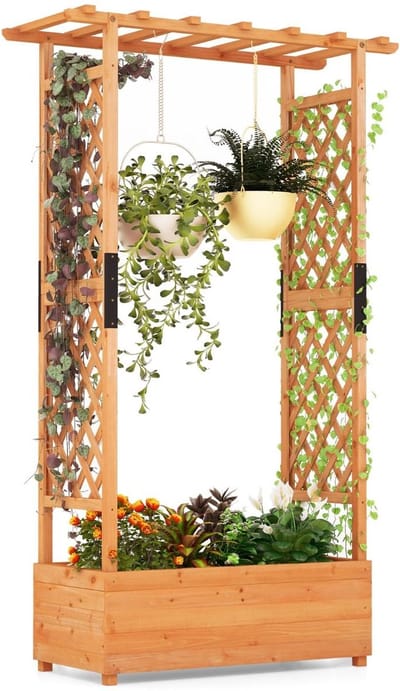 Plantenbak met klimrek - Bloembak - Weerbestendig - Met trellis - Buiten - Hout - Plantenrek - 67 Liter - Bruin