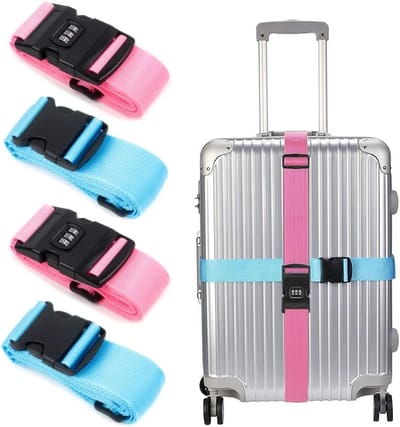 Verstelbare en Vergrendelbare Bagagestraps, Set van 4, 2 Meter, Stevig en Duurzaam voor Reisbagage, Snelle Ontgrendelingsgesp, Roze en Blauw