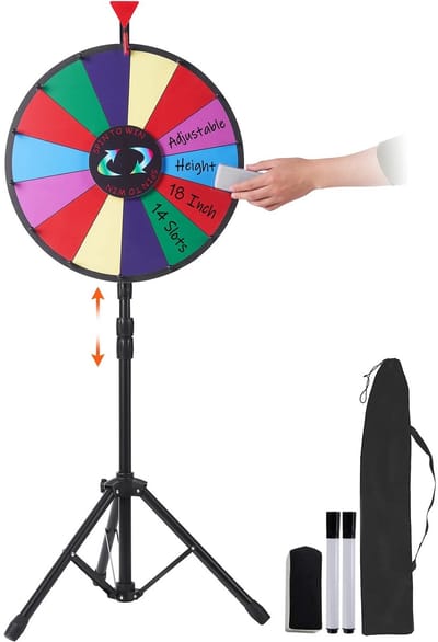 CINK SpinMaster® Prijswiel 18 Inch – Droog Uitwisbaar Fortuinwiel – Verstelbare Statiefstandaard – 14 Aanpasbare Vakken – Inclusief Marker & Gum