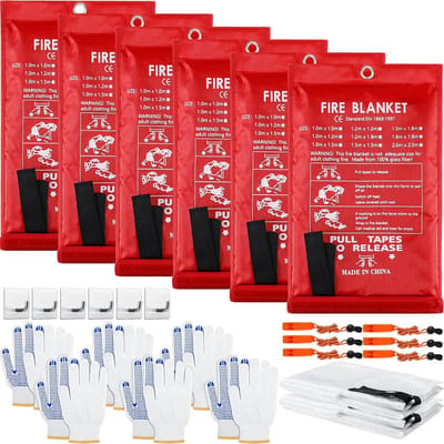 6 stuks brandwerende deken voor noodgevallen, brandwerende deken, thermische deken, branddeken met 6 noodfluitjes, haken en handschoenen voor thuis, keuken, open haard, auto, kantoor, magazijn