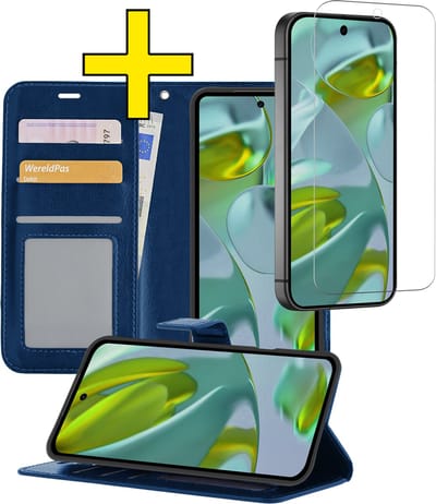 Hoesje - Met Screenprotector - Geschikt voor Google Pixel 10 - Luxe Pasjeshouder - Bookcase Portemonee - Flip Case - Kunstleer Book Case - Flipcase - Book Cover - Walletcase - Portemonneehoes - Telefoonhoesjes - Donkerblauw