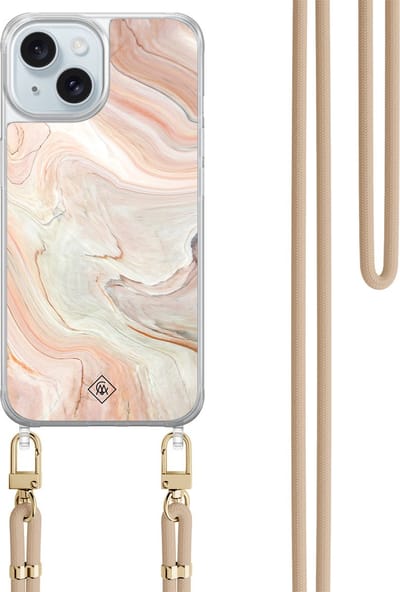 Casimoda® hoesje met beige koord - Geschikt voor iPhone 15 - Marmer Waves - Afneembaar koord - TPU/acryl - Bruin/beige