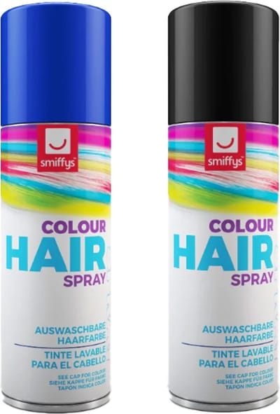 Smiffys Carnaval verkleed hoofdhaar verf/spuitspray - zwart en blauw - spuitbussen - 125 ml p/st