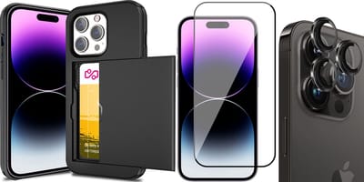 Hoesje met Pasjeshouder geschikt voor iPhone 15 Pro - Screenprotector FullGuard & Camera Lens Screen Protector Zwart - Back Cover SlideCase Zwart