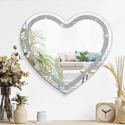 Hartvormige Kristallen Wandspiegel met Bling - Frameloze Decoratieve Spiegel voor Muur in Zilver