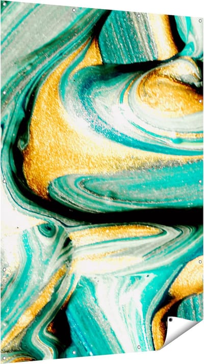 Gards Tuinposter Abstracte Kunst - Groen met Gouden Verf - 120x180 cm - Tuindoek - Tuindecoratie - Wanddecoratie buiten - Tuinschilderij