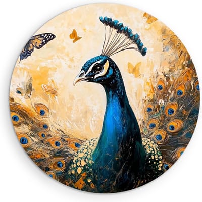 Saammp Muurcirkel Hout - Pauw met Vlinders - Bloemen - Dieren - Natuur - Ø 90 - Wandcirkel - Wanddecoratie Cirkel - muurdecoratie Woonkamer - Slaapkamer decoratie - Rond Schilderij